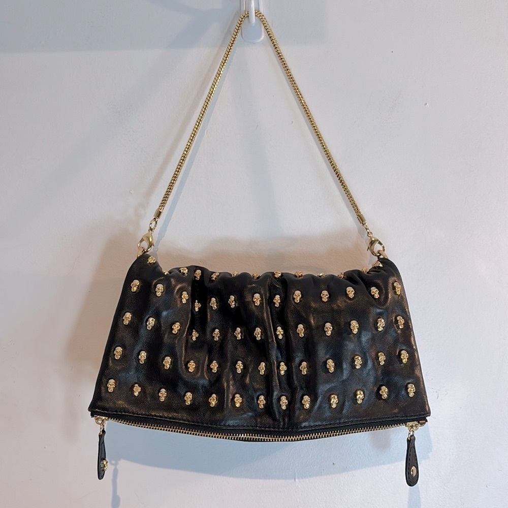THOMAS WYLDE Black Leather Skull Studded Foldover Clutch Chain Shoulder Bag Rare